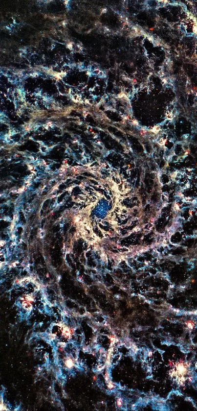 Vibrant spiral galaxy design in deep navy blue hues for a cosmic phone wallpaper.