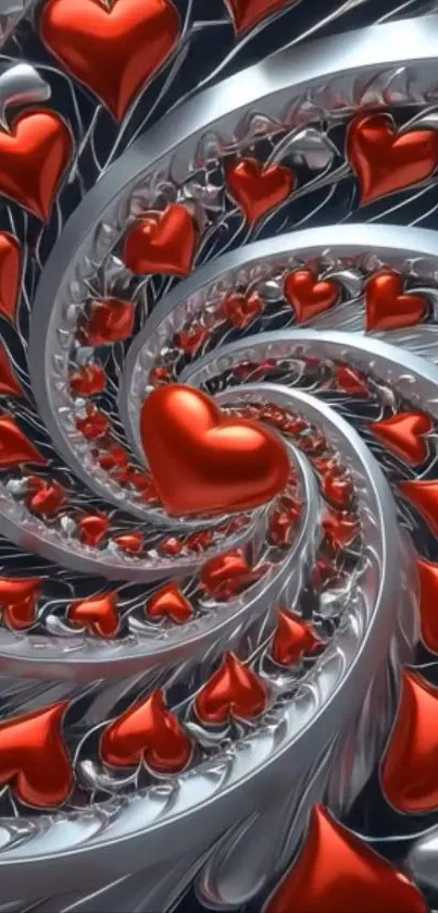 Abstract spiral of red hearts with metallic effect