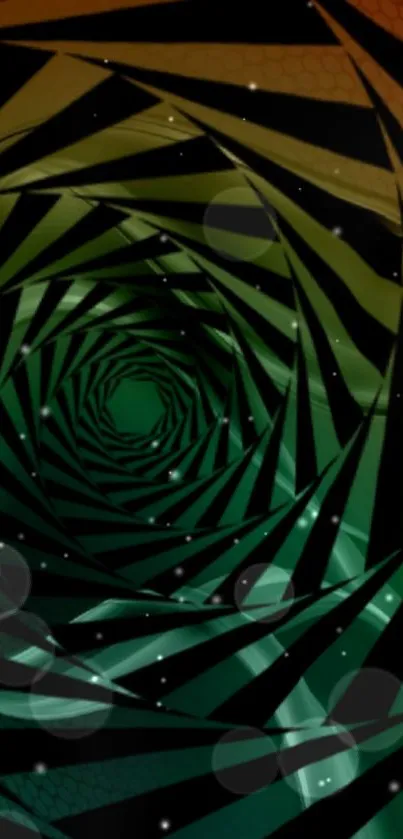 Green and black spiral illusion wallpaper design.