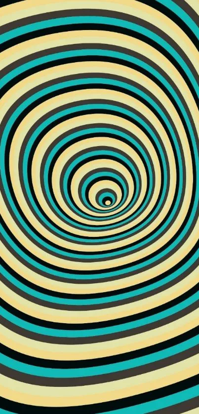 Hypnotic spiral illusion wallpaper with teal, beige, and black concentric circles.