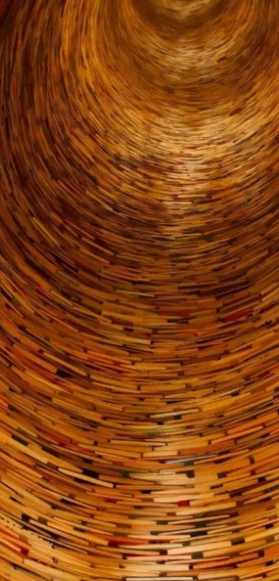 Mesmerizing spiral of books mobile wallpaper in brownish orange hues.