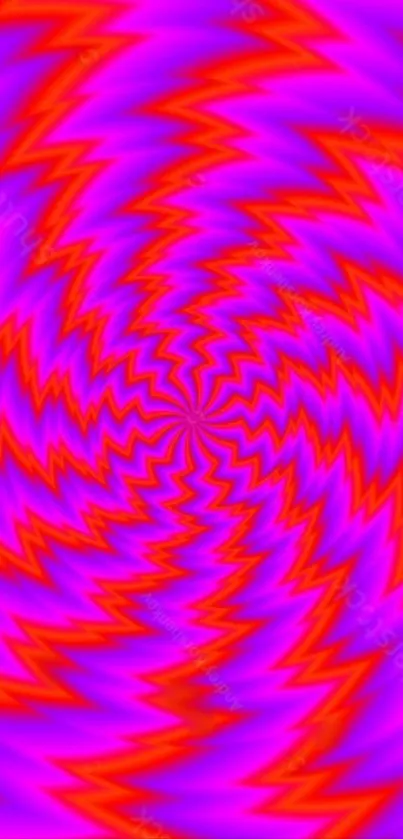 Vibrant optical illusion swirl art with red and purple colors.