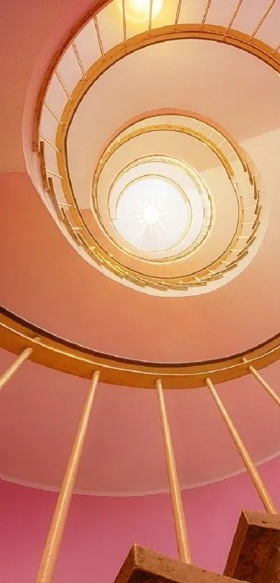 Spiral staircase with golden rails in a pink color scheme for mobile wallpaper.