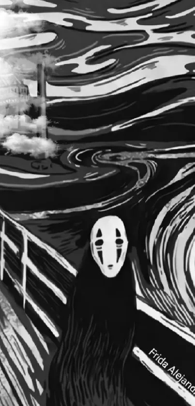 Monochrome surreal art with masked figure and waves.