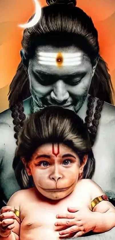 Spiritual art wallpaper of Shiva holding baby Hanuman, with vibrant colors and symbolism.