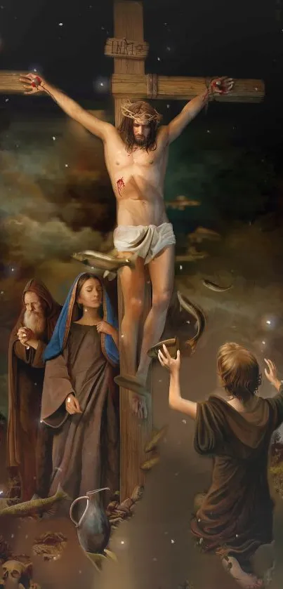 Spiritual mobile wallpaper with a biblical scene, featuring the crucifixion.