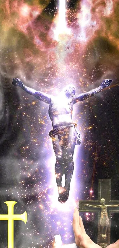 Spiritual figure surrounded by radiant light in cosmic ascension.