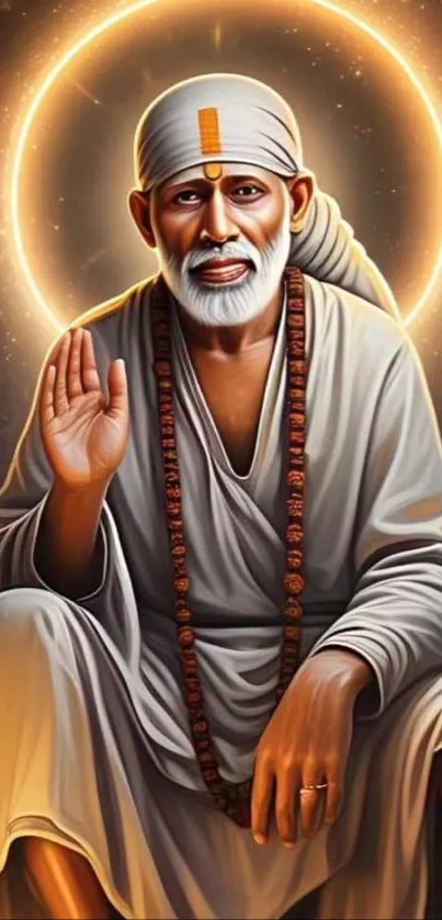 Sai Baba with a divine aura and serene expression.