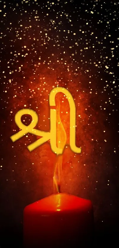 Glowing candle flame with spiritual symbol on a starry background wallpaper.