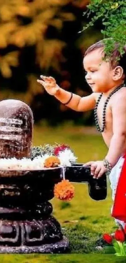 A spiritual child with Shivling in lush garden setting.