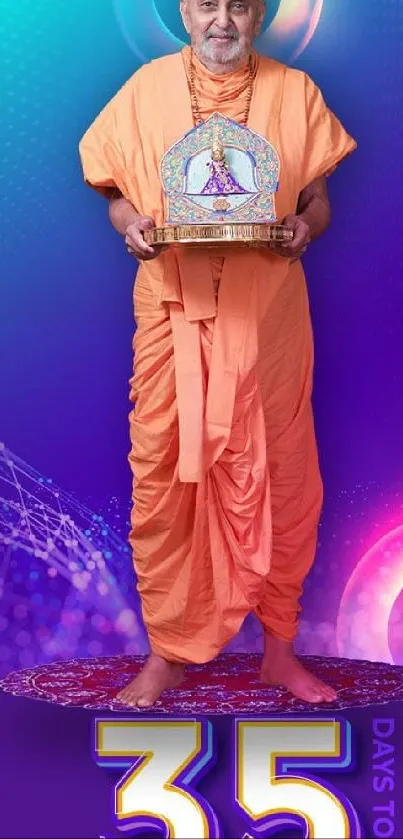 Spiritual monk in vibrant orange robes with countdown theme on mobile wallpaper.