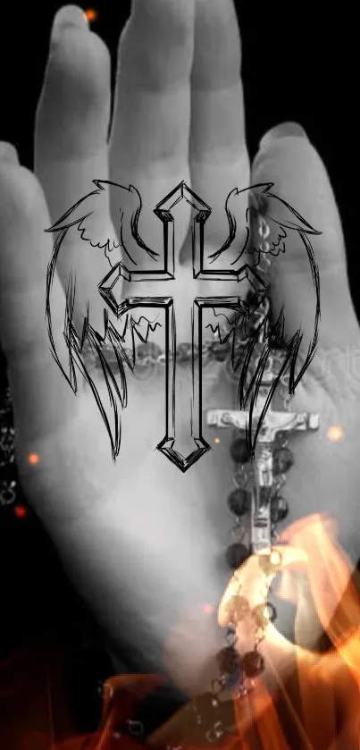 Mobile wallpaper with cross and rosary on a hand with fire effects.