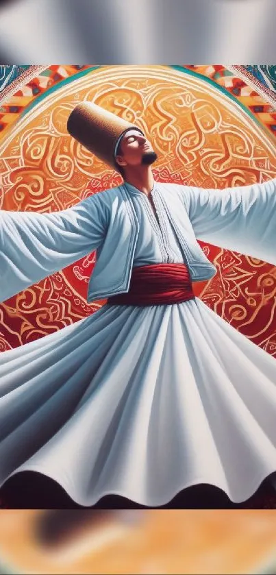 Colorful whirling dervish art wallpaper depicting spiritual dance.