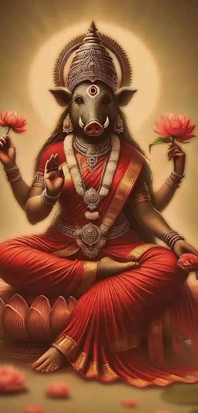 Artistic depiction of a deity holding lotus flowers, in rich traditional attire.