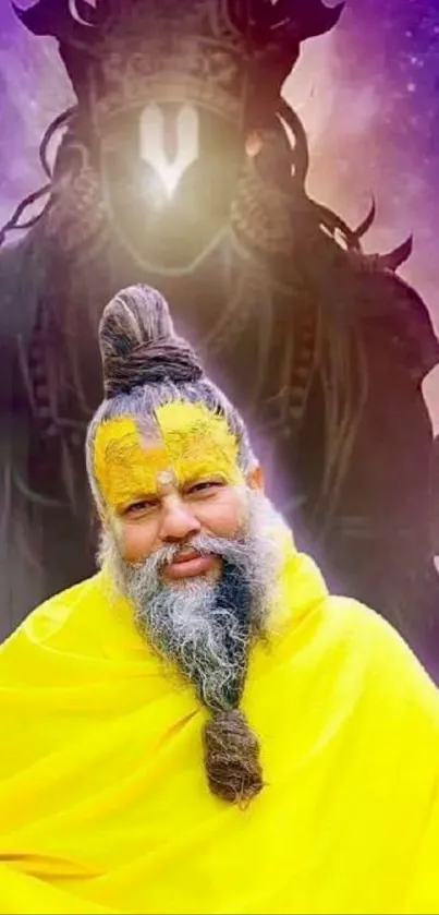 Spiritual figure with bright yellow robes and mystical background.