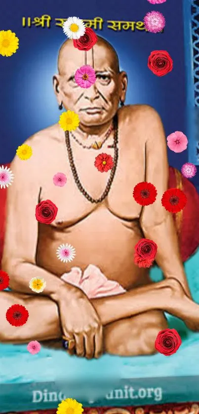 Spiritual figure sitting in meditation adorned with colorful flowers.