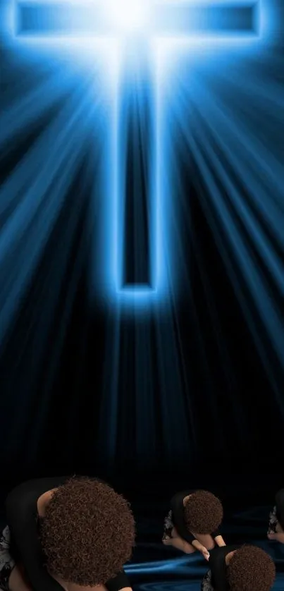 Glowing cross with kneeling figures wallpaper.