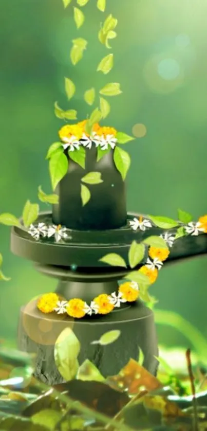 Shivling adorned with flowers in a green nature setting.