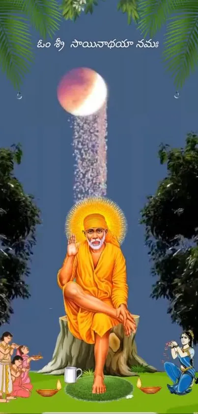 Spiritual guru under a lunar eclipse in serene setting.