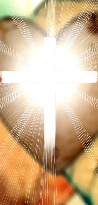 Hands reaching toward a glowing cross with heart background.