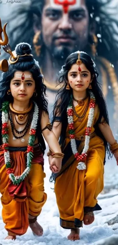 Children in traditional orange attire with spiritual background.