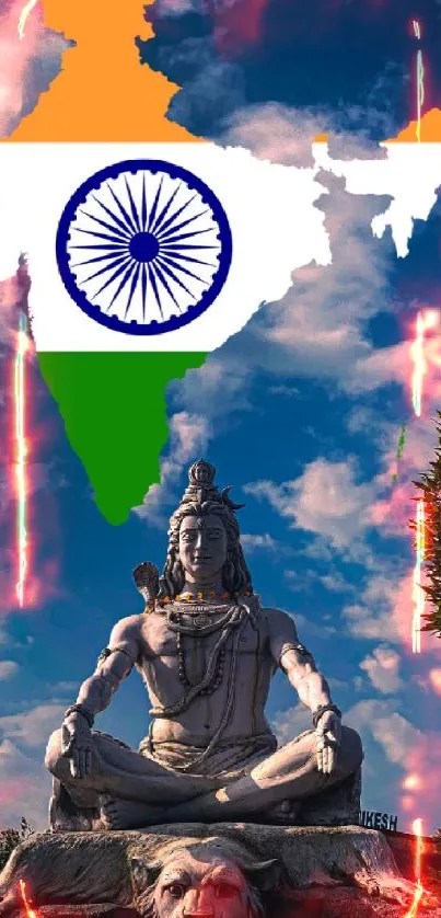 Lord Shiva statue with Indian flag in a cloudy sky background.