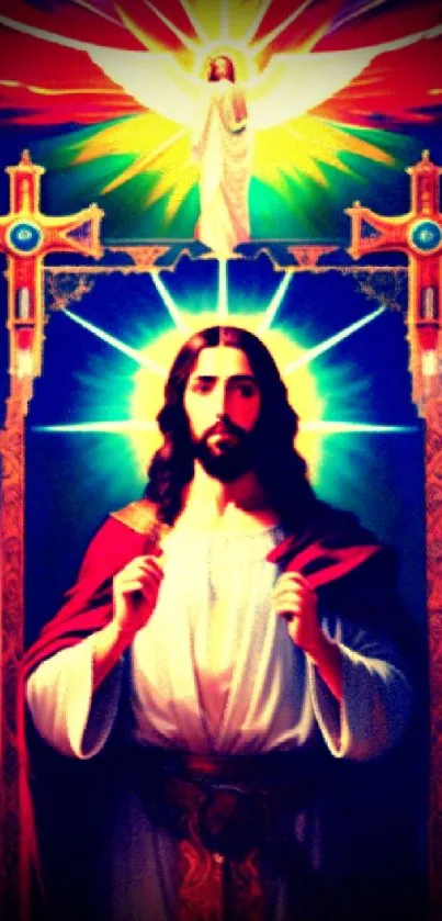 Vibrant spiritual art of Jesus with divine light and heavenly symbolism.