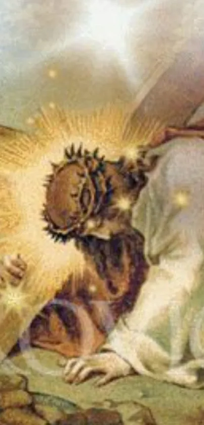 Jesus with crown of thorns and divine light in spiritual art scene.