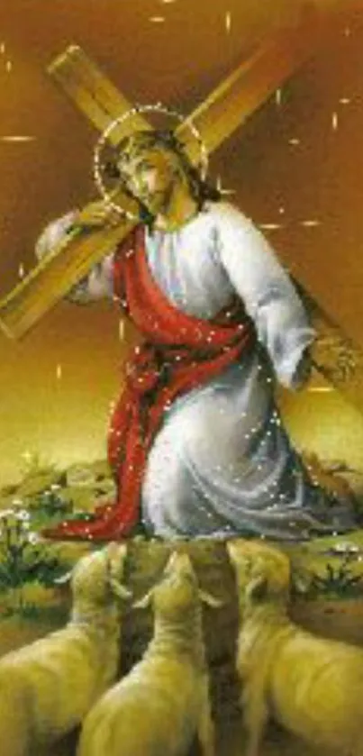 Spiritual Jesus with a cross and lambs mobile wallpaper.