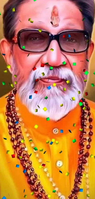 Vibrant art of a spiritual leader with colorful confetti background.