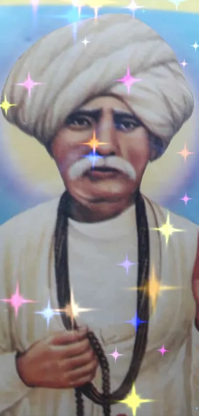 Revered spiritual leader with celestial light effects on a blue backdrop.