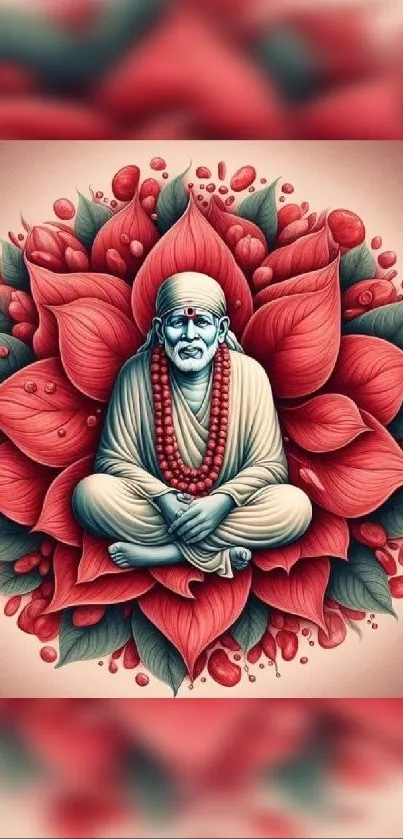 Serene monk amidst vibrant red floral design mobile wallpaper.