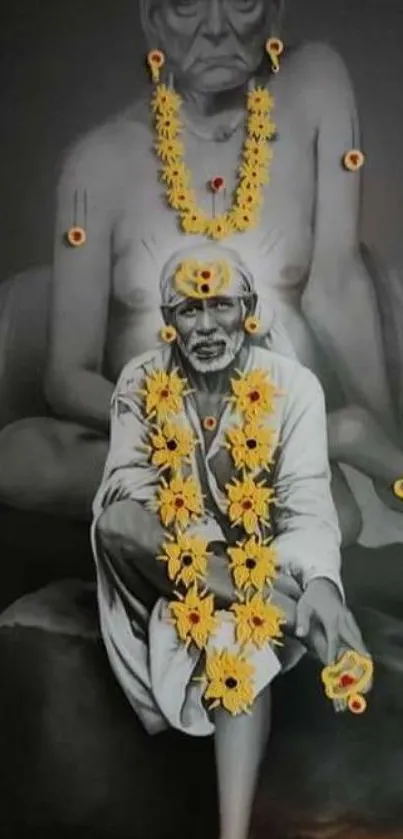 Monochrome depiction of a monk with yellow flower garlands in spiritual art style.