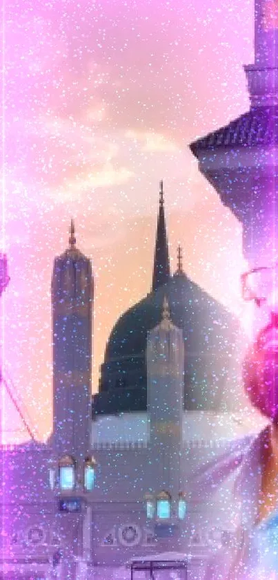 Abstract spiritual wallpaper with mosque and light effects in pink hue.