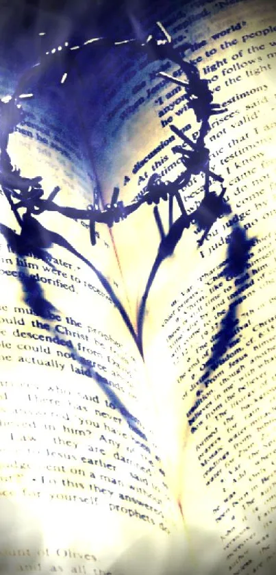 Mobile wallpaper with an open book and a crown of thorns in dark blue hues.