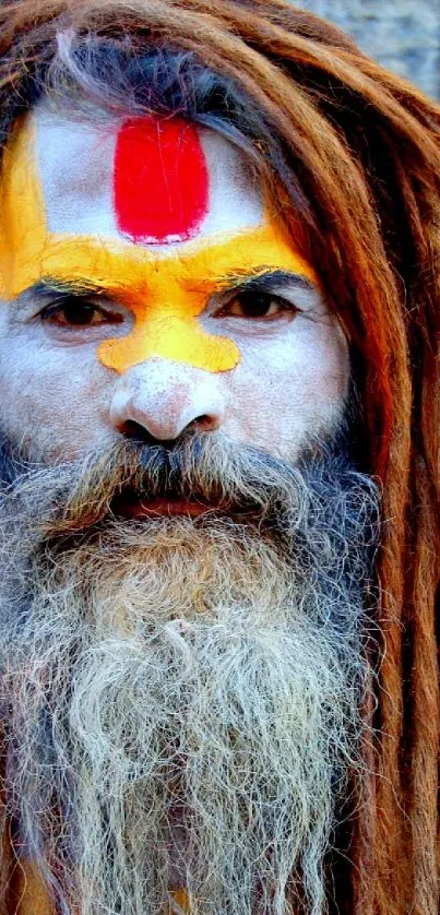 Decorated mystic with colorful face paint and dreadlocks in vivid portrait.
