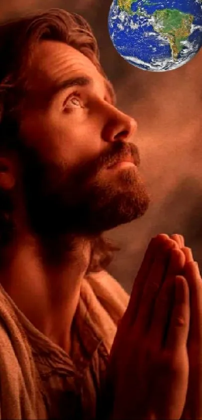 Serene spiritual figure praying with Earth above, against a calming brown background.