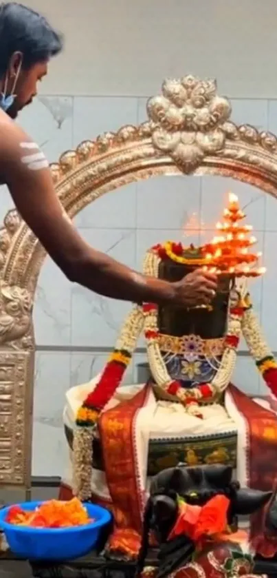 Spiritual temple ritual with vibrant decor and offerings.