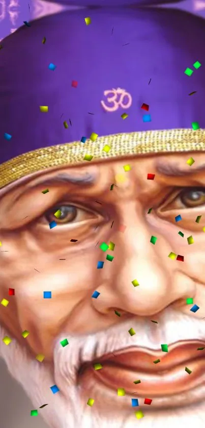 Sai Baba artwork with purple tones and colorful confetti.