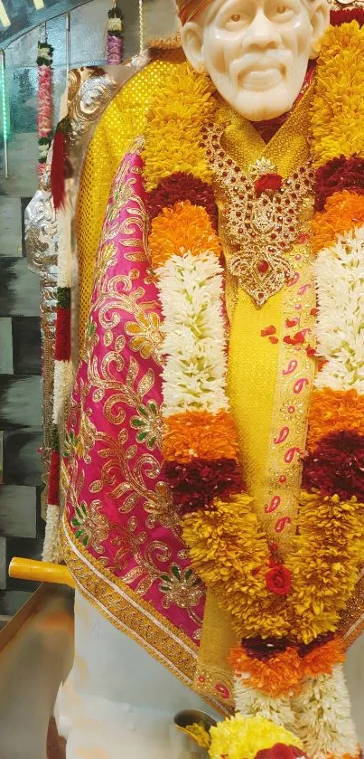 Sai Baba statue with colorful floral garlands.