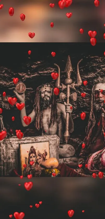 Hindu saints with tridents and red hearts floating around.