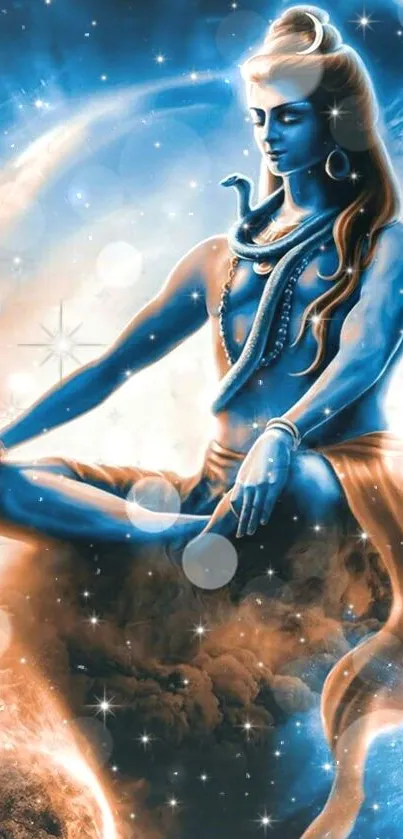 Artistic image of Lord Shiva in meditation with vibrant blue tones and spiritual ambiance.