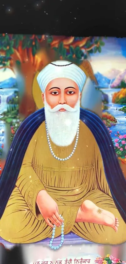 Colorful wallpaper depicting a Sikh Guru with spiritual elements.