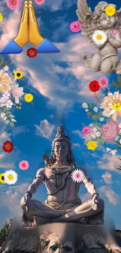 Serene Shiva statue under vibrant blue sky with flowers and spiritual elements.