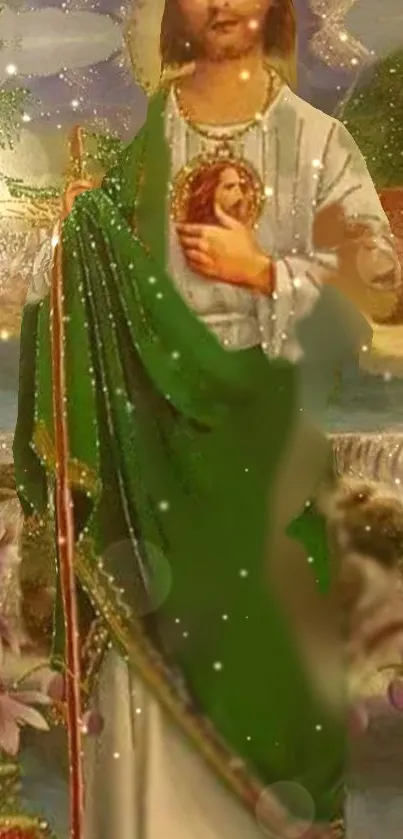 St. Jude with green robe in serene setting.