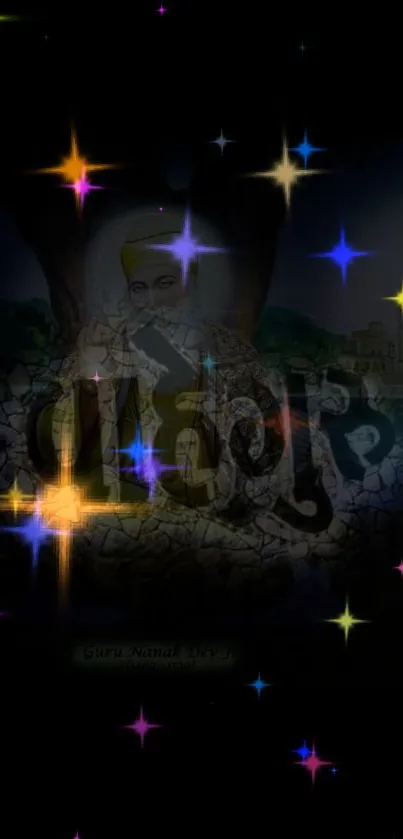 Spiritual wallpaper with stars and Guru Nanak Dev Ji.