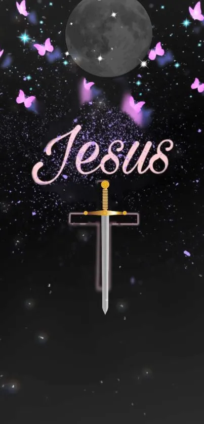 Jesus, sword, and butterflies wallpaper with a moonlit background.