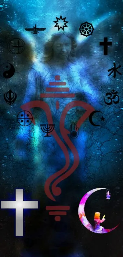 Mystical spiritual symbols on deep blue phone wallpaper.