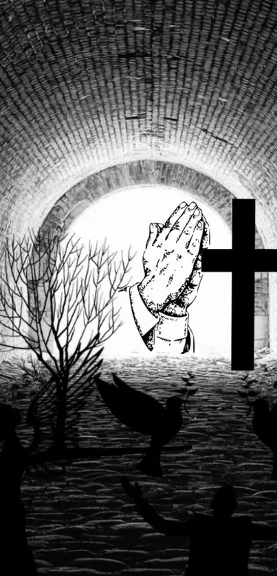 Black and white tunnel with cross and praying hands illustration.