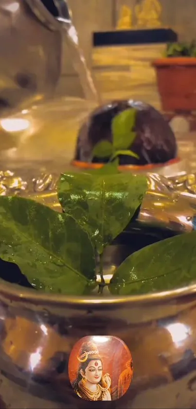 Spiritual water ritual with silver pot and sacred leaves for calming wallpaper.